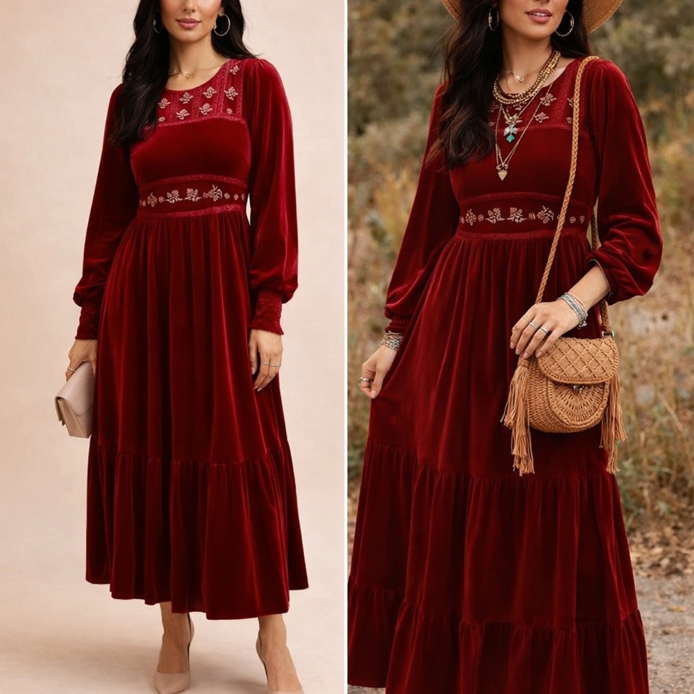 Velvet Long Sleeve Red Embroidered Dress